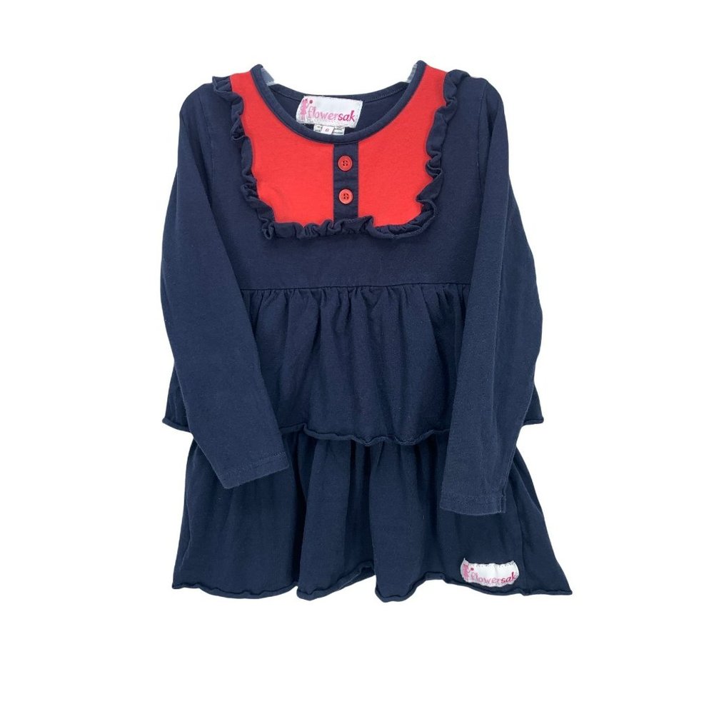 Flower Sak Navy Blue With Red Size 6 Long Sleeve Tunic Dress